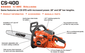 echo 400 chainsaw reviews & Specs